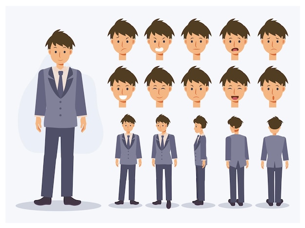 set of flat vector character japanese student boy in uniform with various views, cartoon style.