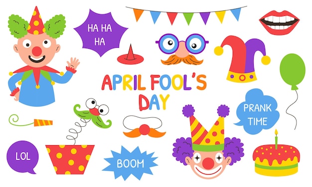 Set of funny April Fools Day elements with clown jester hat jack in the box fake nose joke glasses