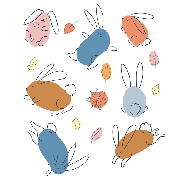 set of funny rabbits in doodle style autumn vegetables the bunny is a symbol of 2023 hare vector graphics isolated on white background