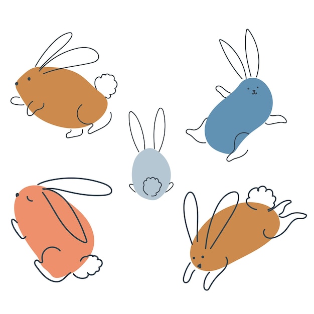 set of funny rabbits in doodle style the bunny is a symbol of 2023 hare vector graphics isolated on white background