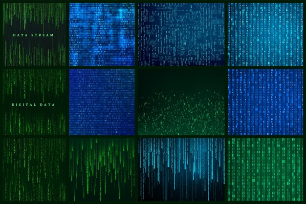 Set of futuristic abstract background Matrix style sci fi backdrop Rendom generated binary data stream Vector illustration