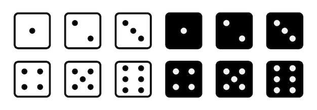 Set of game dice icon game sign Dice game vector icon set in black and white color isolated on white background Dice in a flat and linear design from one to six Vector illustration