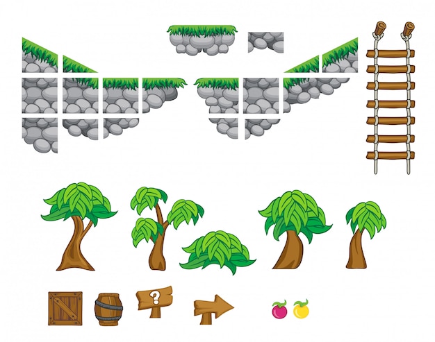 set of game icon, object and background isolated on white