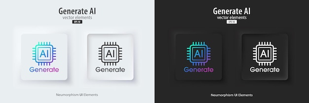 Set of Generative AI in black and white neumorphism style Active and inactive buttons Machine learning concept AI enters by command prompt to generate ideas UI UX design Vector illustration