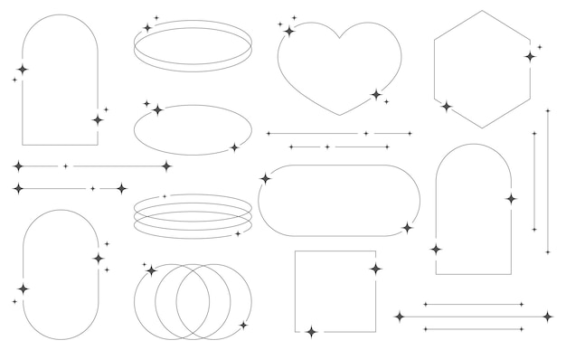 set of geometric aesthetic abstract line frames and shapes with stars boho brutalism y2k style