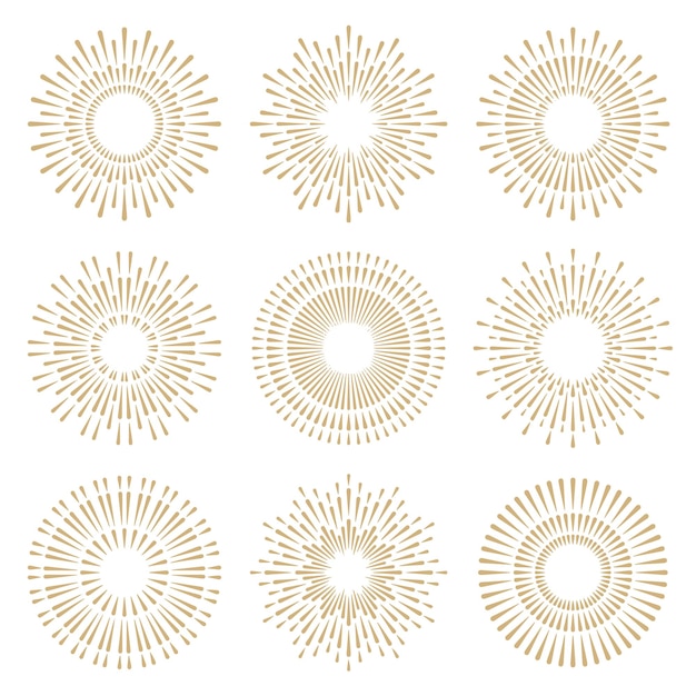 set of geometric symbols of sunburst and fireworks vector round design elements