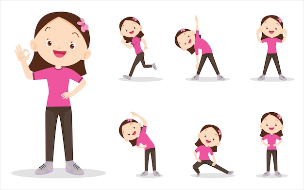 set of girl exercise various actions various actions to move the body healthy