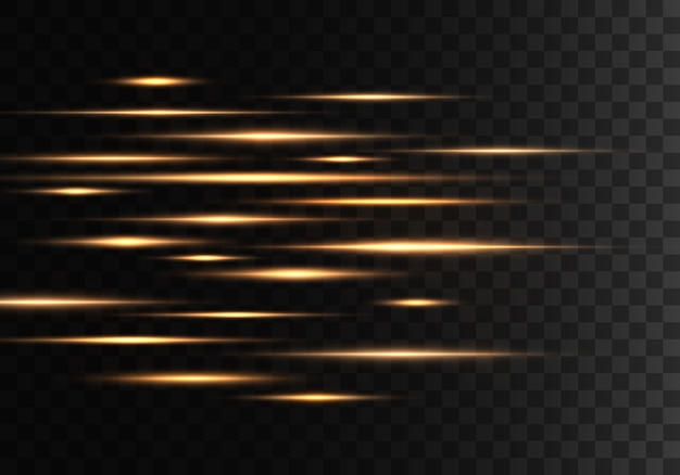 set of golden horizontal rays, lens, lines. laser beams.