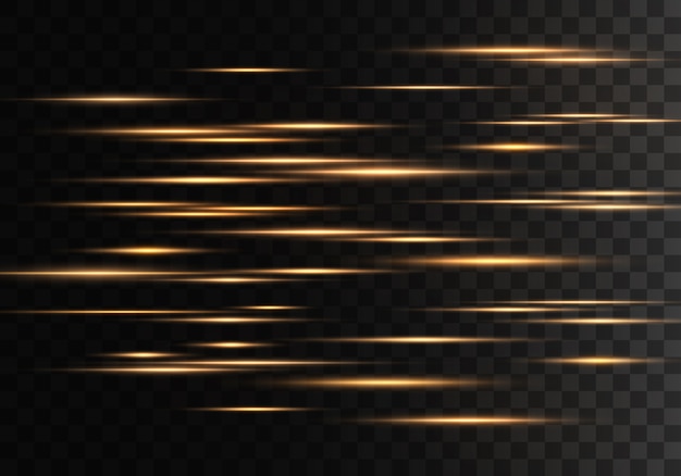 set of golden horizontal rays, lens, lines. laser beams.