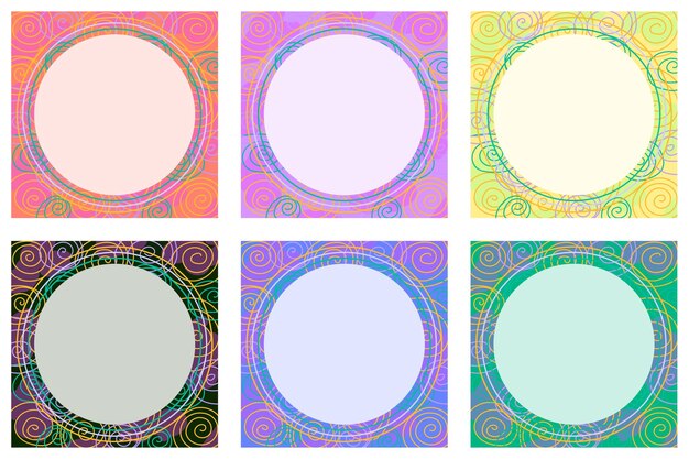 set of greeting card templates colorful abstract curly element red pink blue green and yellow frames