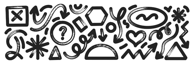 Set of hand drawn elements with brush marker or crayon texture