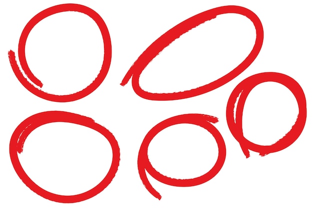 set of hand drawn red brush stroke circle highlighter design element grunge round shape