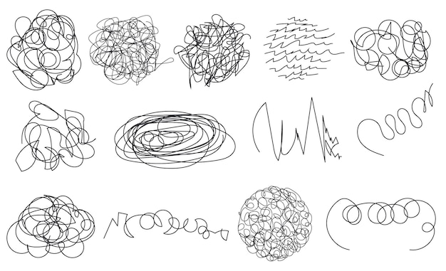 Set of handdrawn scribbles each isolated on white background Trendy doodles