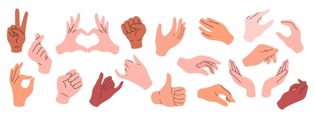Set of hands in doodle style isolated human arms Vector different man or woman hands showing peace