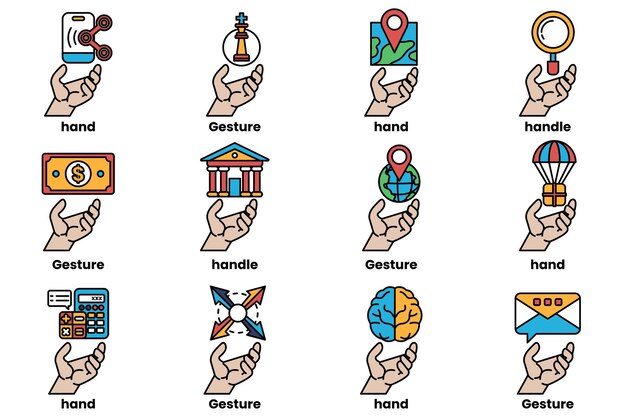 Set of illustrations of hands and things in line art style