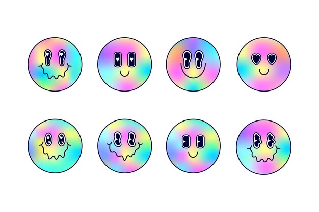 Set of iridescent emoticons in cartoon style Line art styleHolographic colors