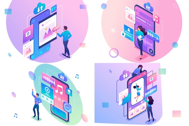 Set of isometric conceptsupload content photo editing listen to music voice message For web design