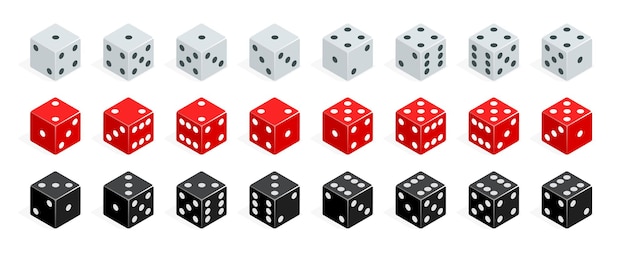 Set of isometric dice combination. Red, white and black poker cubes vector isolated. Collection of gambling app and casino template.