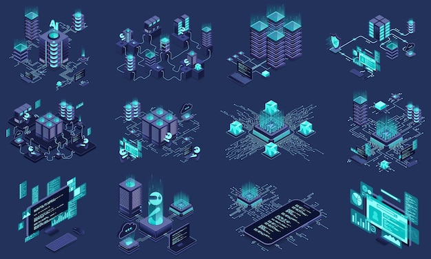 Set of isometric modern technology concept for cloud computing datacenter database artificial intelligence and blockchain technology Isometric technology