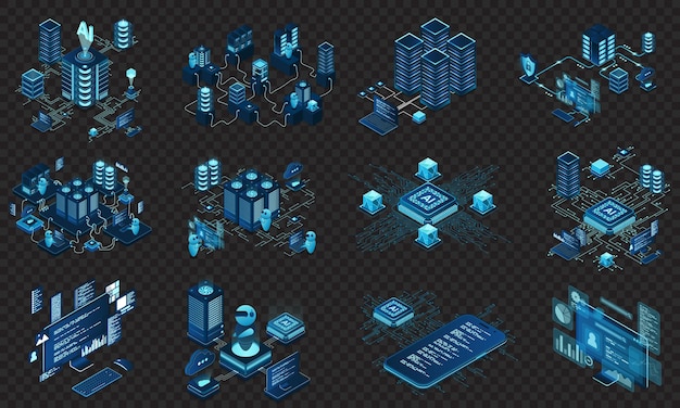 Set of isometric modern technology concept for cloud computing datacenter database artificial intelligence and blockchain technology Isometric technology