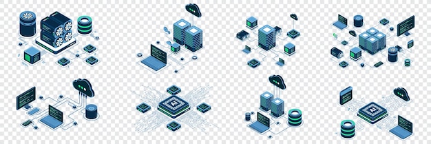 Set of isometric modern technology concept for cloud computing Datacenter Database artificial intelligence and blockchain technology Isometric technology