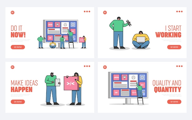 Set of landing pages for web development, coding and programming websites and mobile applications with cartoon programmers and developers team