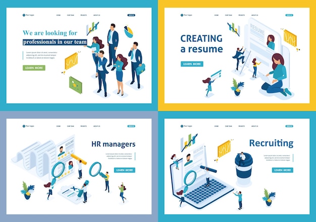 Set of landing pages of the isometric recruiting concept hiring employees in a company HR Manager