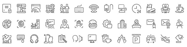 Set of linear Office coworking icons 64px and 256px editable