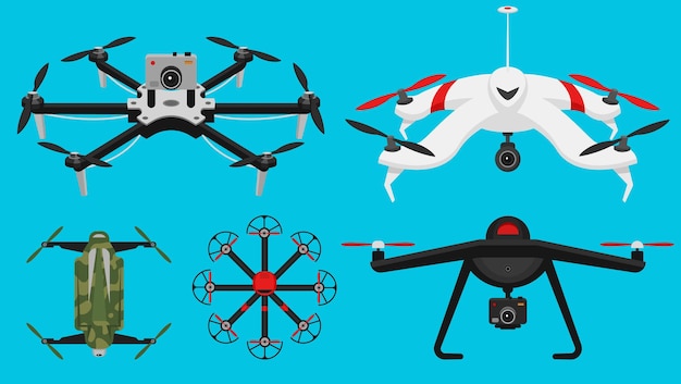 Set of modern air drones and remote control Science and Modern technologies Vector illustration