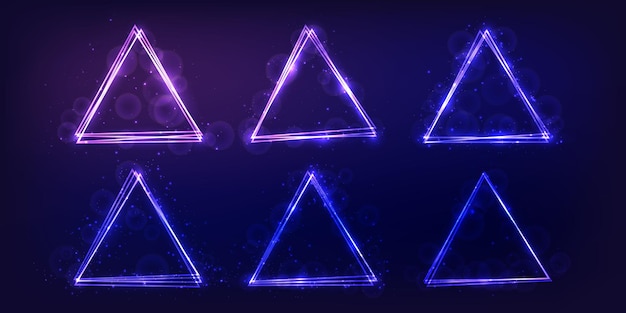 Set of neon triangular frames with shining effects and sparkles on dark background Empty glowing techno backdrop Vector illustration