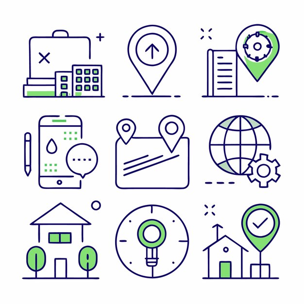 Set of nine location and navigation line icons