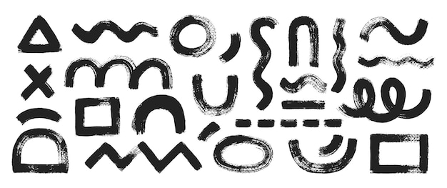 set of organic funky shapes with brush or chalk texture triangle circle and zigzag