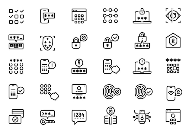 Set of password and security line icons illustrating various user authentication methods like typing passwords using pin codes and biometric scans emphasizing data protection