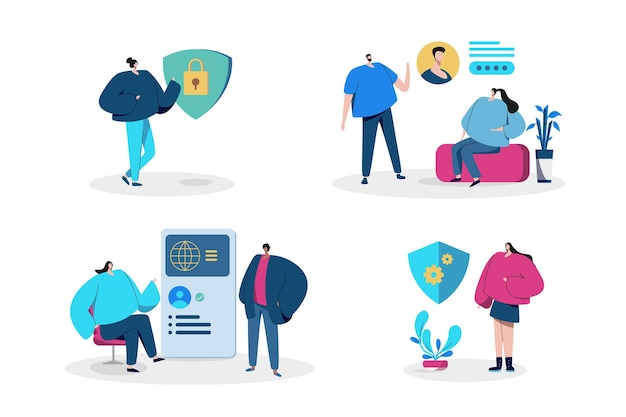 Set of people with shield lock and account profile in flat design