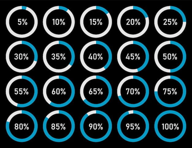 Set of pie percentage charts for infographic design loading circle icon on black background