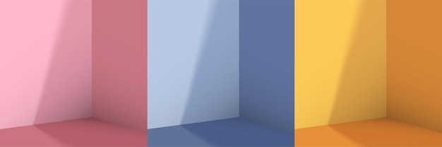 Set of pink blue and yellow studio perspective background Room corner with shadow Vector illustration
