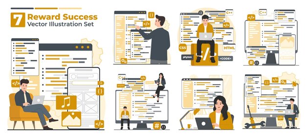Set of programming concept illustrations featuring coding apps developers code editor screens