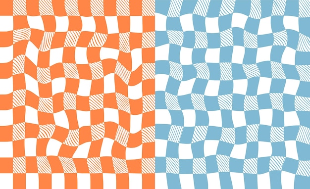 set of psychedelic abstract checkerboard background in 1970s retro style groovy hippie poster