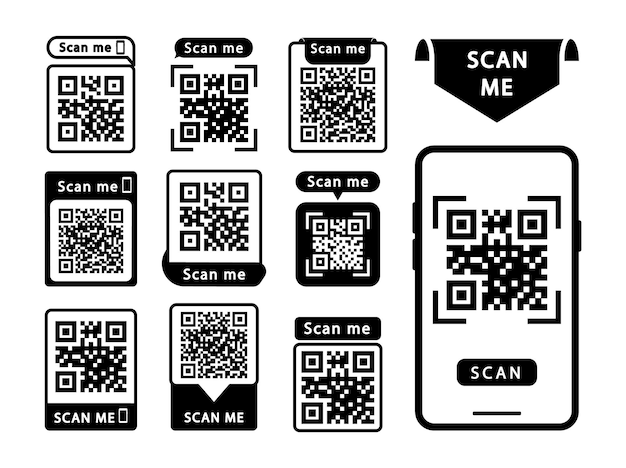 Set of QR codes with inscription scan me with smartphone