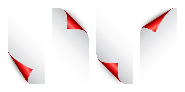 Set of red paper curls curled page corner with shadow blank sheet of paper colorful shiny foil