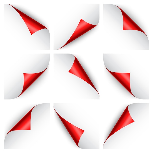 Set of red paper curls curled page corner with shadow blank sheet of paper colorful shiny foil