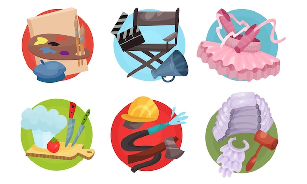 Set of round icons with symbols of professions artists filmmaker ballerina cook fireman judge Vector illustration