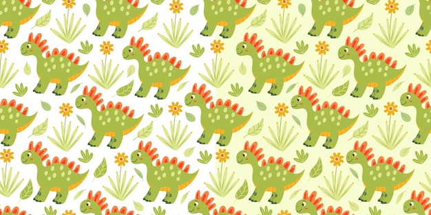 Set of seamless patterns with funny green baby dinosaurs and tropical plants and flowers