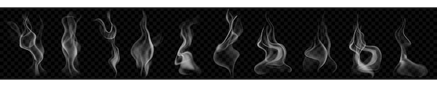 Set of several realistic transparent smoke or steam in white and gray colors for use on dark