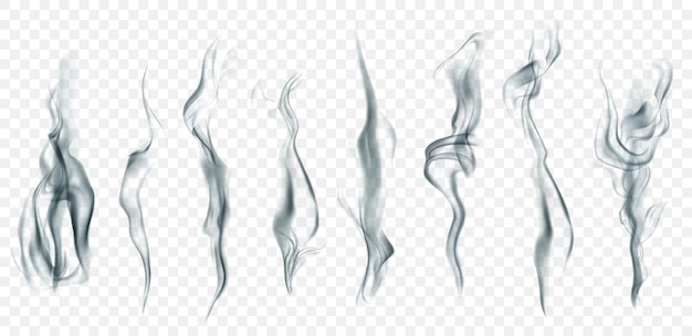 Set of several realistic transparent smoke or steam in white and gray colors, for use on light background