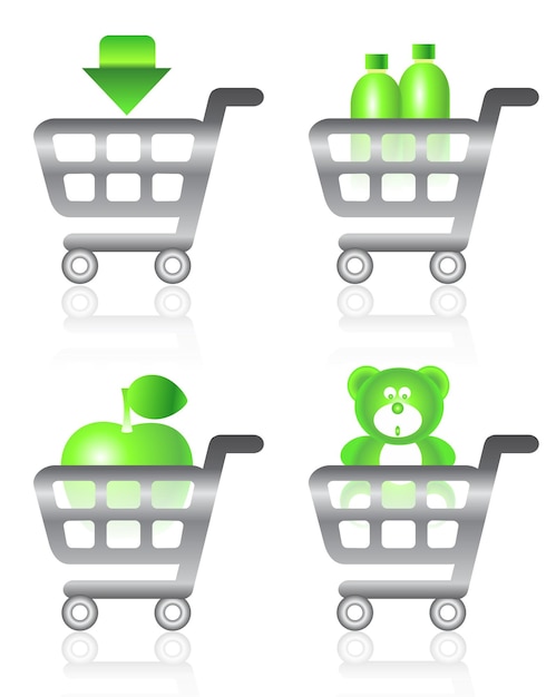 set of shopping chart icons includes chart with arrow apple bottles and teddybear