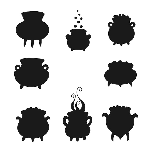 Set of silhouettes magic cauldron Hand drawn vector illustration isolated on white background