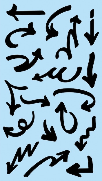 Set of simple bold lines hand drawn black arrows in various style