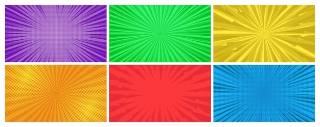 Set of six comic book pages backgrounds in pop art style with empty space Template with rays dots and halftone effect texture Vector illustration