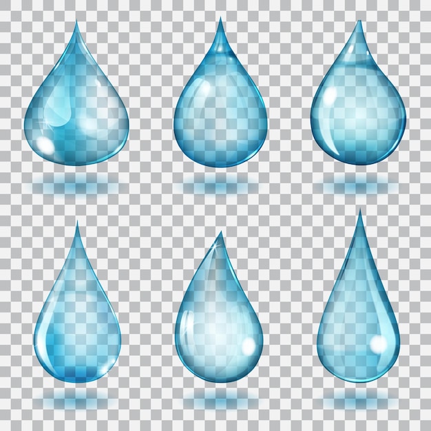 Set of six transparent drops of different forms